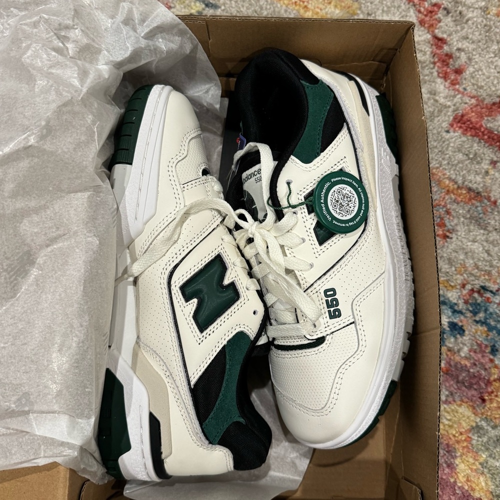 New Balance 550 White and Dark Green Sneakers